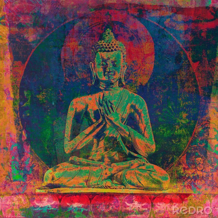 Canvas Ancient Buddha mandala with textured and grunge painted overlays for a modern contemporary style. 