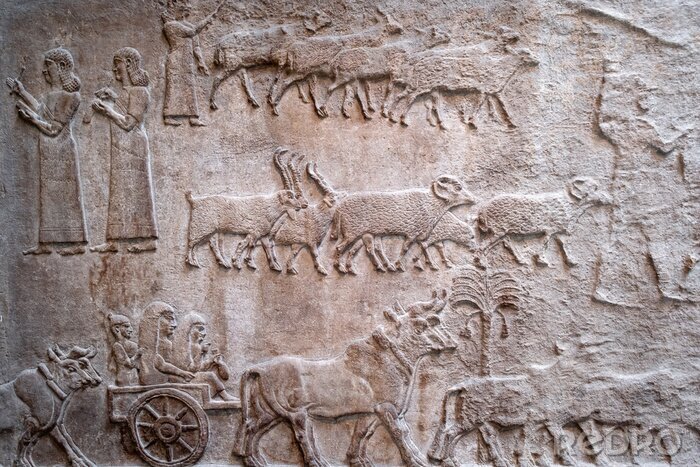 Canvas Ancient persian bas-relief depicting people and livestock