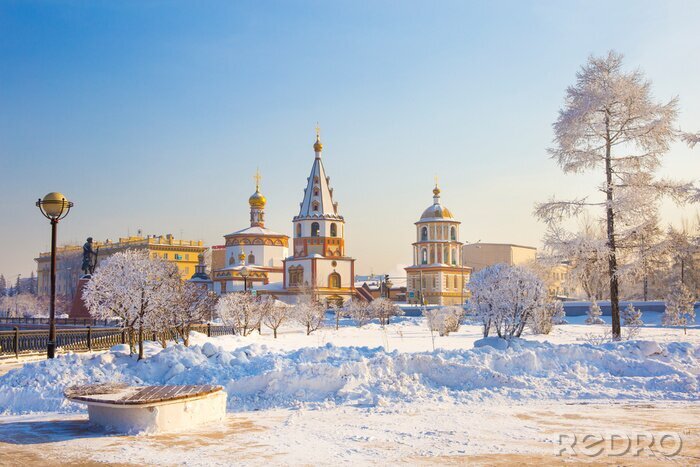 Canvas andscape of Irkutsk city of Russia during winter season,church and tree are cover by snow.It is very beautiful scene shot for photographer to take picture.Winter is high season to travelling Russia.