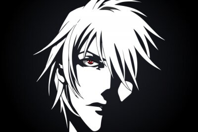 Anime-gezicht van beeldverhaal met anime rode ogen op zwart-witte achtergrond. Vector illustratie