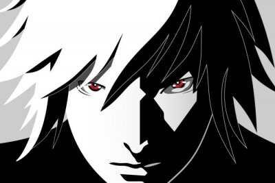 Anime ogen. Rode ogen op zwarte en witte achtergrond. Anime gezicht van cartoon. Vector illustratie