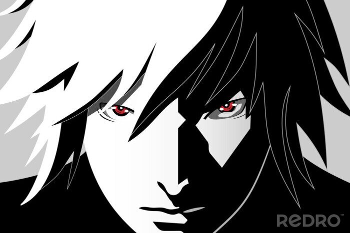 Canvas Anime ogen. Rode ogen op zwarte en witte achtergrond. Anime gezicht van cartoon. Vector illustratie