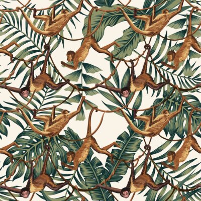 Canvas Apen aan lianen tegen een achtergrond van tropische bladeren