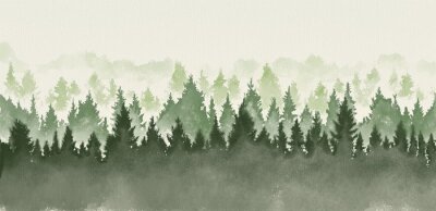 Aquarel bos in de mist