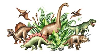 Aquarel Dinosaurussen en Prehistorische Planten