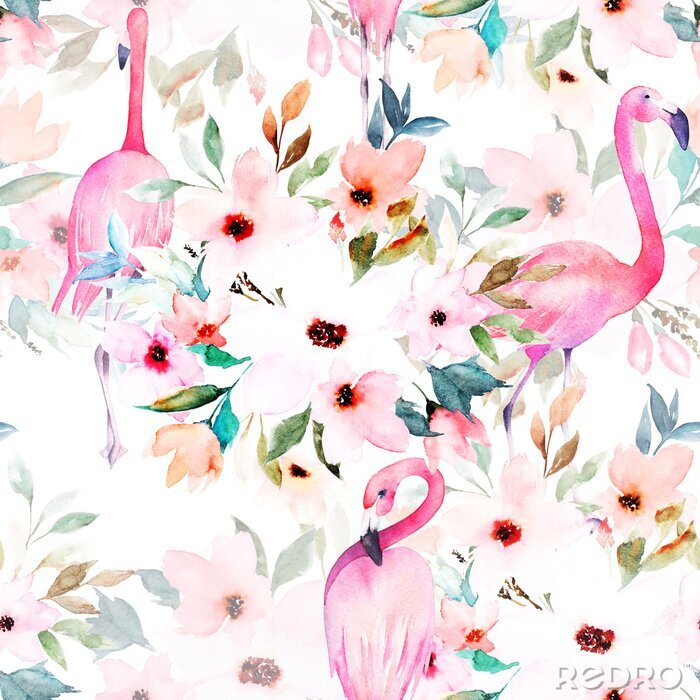 Canvas Aquarel flamingo's en bloemen op een licht patroon