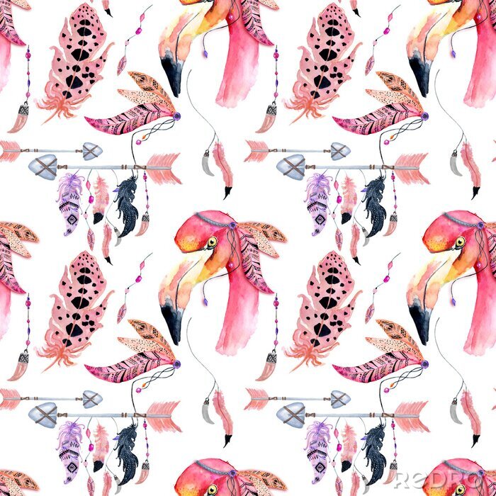 Canvas Aquarel flamingo's en vogelveren