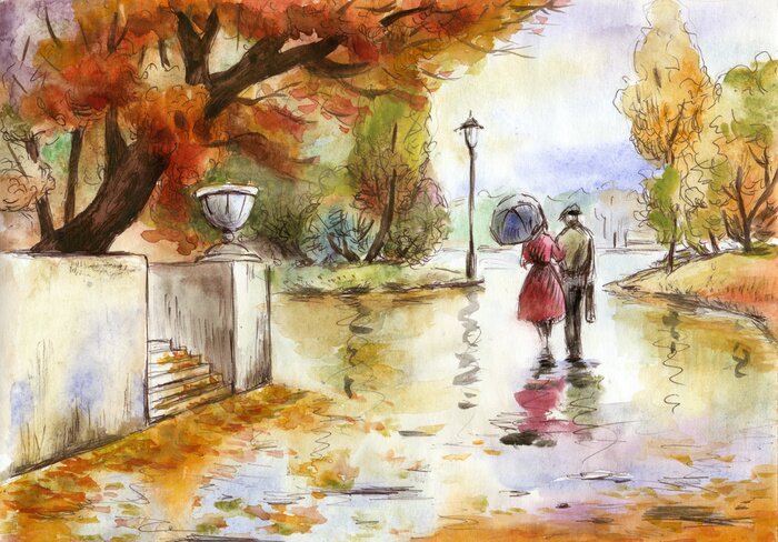 Canvas Aquarel hand getrokken schilderen landschap met een paar in het najaar park