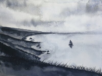 Canvas aquarel inkt landschap vissen zeilboot en eiland met klif bergen mist. traditionele oosterse. Aziatische kunststijl