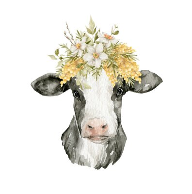 Canvas Aquarel koe met een boeket bloemen op haar hoofd