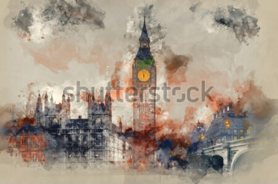 Canvas Aquarel Londen met Big Ben en de Houses of Parliament
