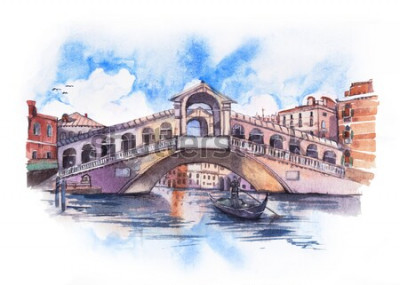 Canvas Aquarel Rialtobrug in Venetië