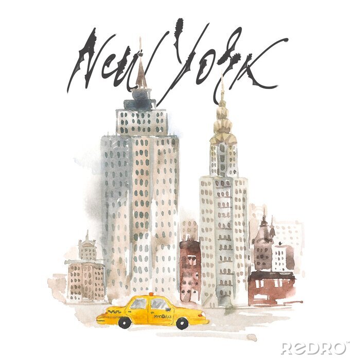 Canvas Aquarel van New Yorkse wolkenkrabbers met een gele taxi