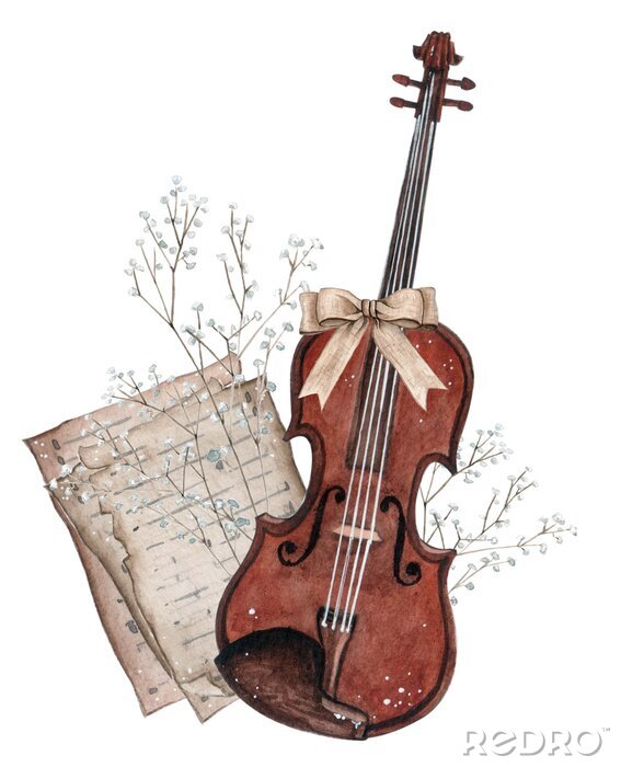 Canvas Aquarel viool illustratie. Snaren muziekinstrumenten in klassieke stijl