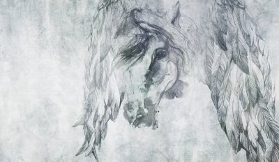 Aquarelpaard met veren in grijstinten