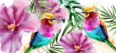 Aquarelpatroon met tropische vogels tussen bloemen