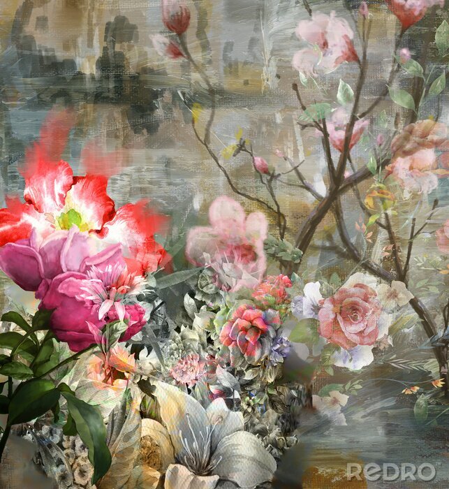 Canvas Artistieke illustratie met bloemen