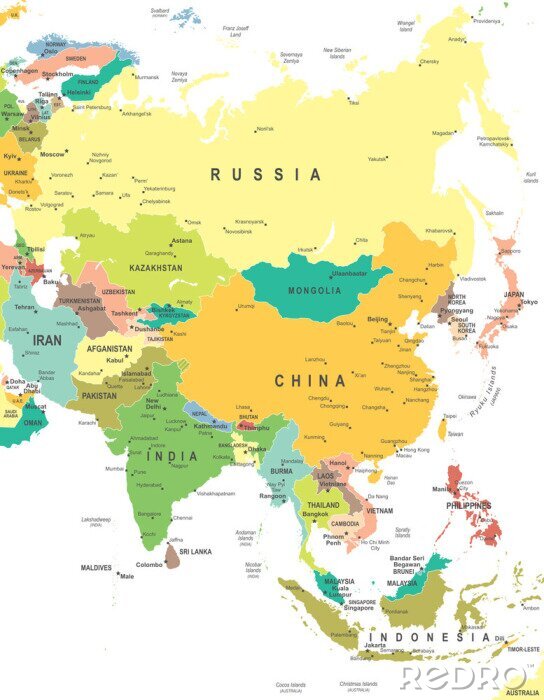 Canvas Asia - kaart - illustratie. Azië kaart - zeer gedetailleerde vector illustratie.