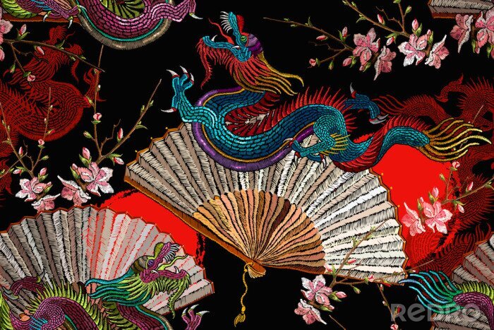 Canvas Asian dragons, rising sun, japan fan and sakura flowers. Fashion japanese and chinese style. Template for clothes. Ethnic horizontal seamless pattern. Oriental art