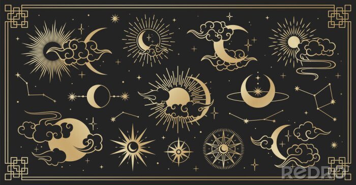 Canvas Asian set with clouds, moon, sun and  stars . Vector collection in oriental chinese, japanese, korean style. Line hand drawn illustration isolated on black background. Retro elements set.