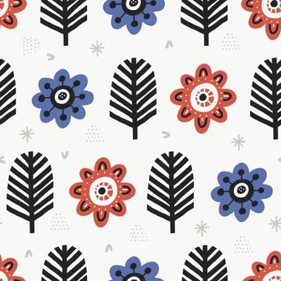 Canvas Aster blossoms flat color vector seamless pattern. Cartoon plants on white background. Hand drawn red and blue vintage flowers illustration. Textile, wallpaper, wrapping paper design idea