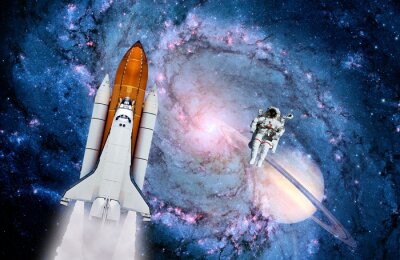 Astronaut met een raket in de galaxy