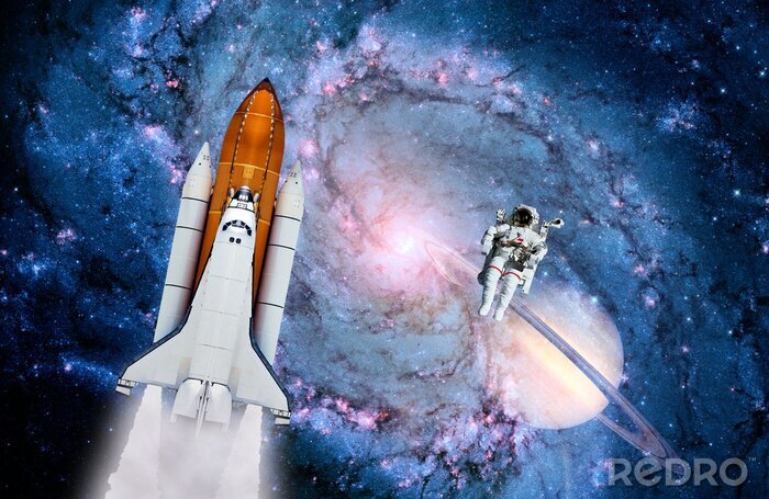 Canvas Astronaut met een raket in de galaxy