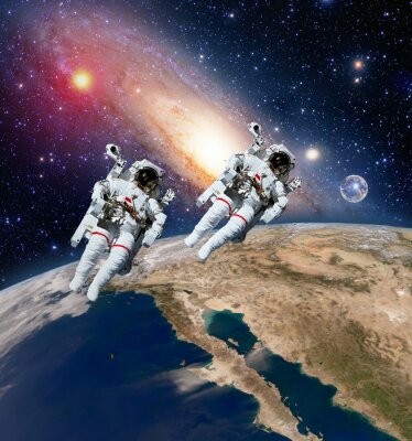 Astronauten tegen de achtergrond van de planeten