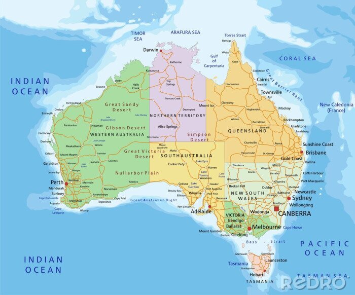 Canvas Australië - Zeer gedetailleerde bewerkbare politieke kaart.