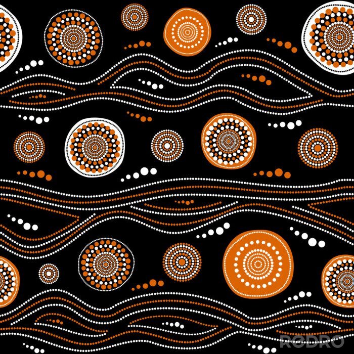 Canvas Australische aboriginal naadloze vector patroon met gestippelde cirkels, ringen en kromme strepen