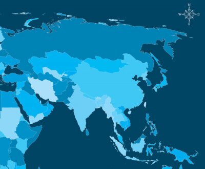 Canvas Azië Kaart - Vector Kaart van Azië met noordpijl