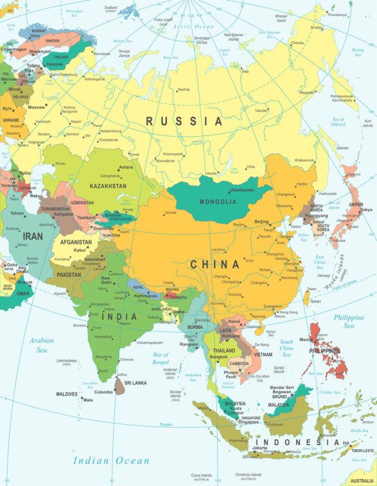 Canvas Azië kaart - zeer gedetailleerde vector illustratie.