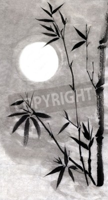 Canvas Bamboe Bambusa en de Maan. Figuur stijl Guohua