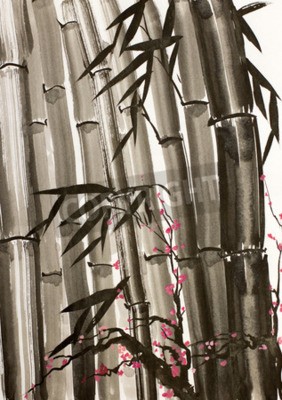 Canvas bamboe en bloeiende pruimenboom