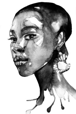 Canvas Beautiful African american black woman portrait in watercolor with splatter black and white