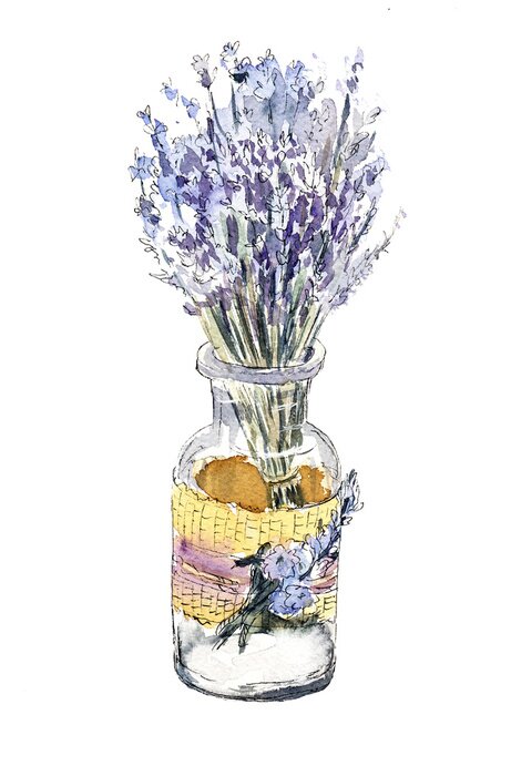 Canvas Beautiful bouquet of lavender in a glass bottle. Watercolor illustration on white background
