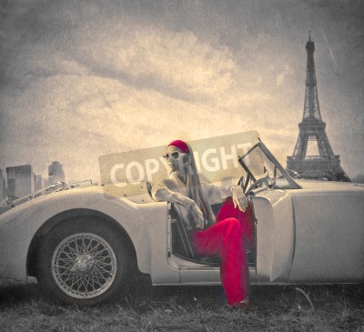 Canvas beautiful fashion woman on a car in Paris 
