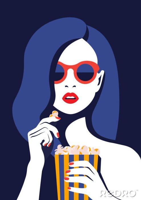 Canvas Beautiful girl in glasses eats popcorn and watches a movie. Portrait of a young woman with open mouth. Vector illustration in flat style