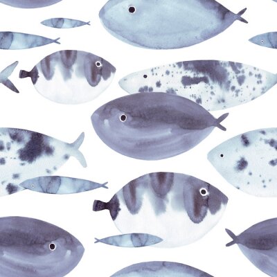 Canvas Beautiful hand drawn watercolor seamless pattern with blue sea fish on the white background. Marine life texture.