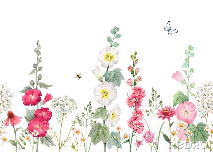 Canvas Beautiful horizontal seamless floral pattern with watercolor summer mallow flowers. Stock illustration.