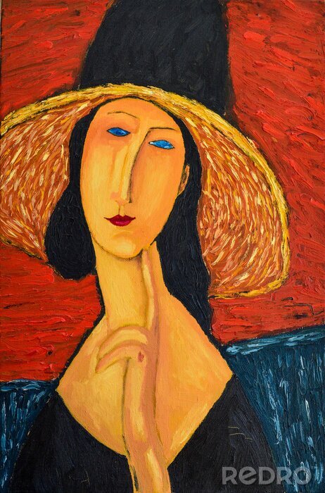 Canvas Beautiful Image Oil portrait On Canvas. Portrait of a woman in a hat. On the motives of painting by Amedeo Modigliani