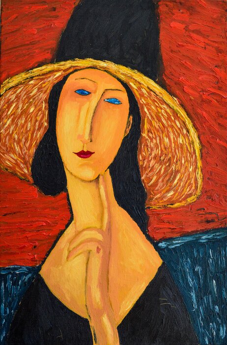 Canvas Beautiful Image Oil portrait On Canvas. Portrait of a woman in a hat. On the motives of painting by Amedeo Modigliani