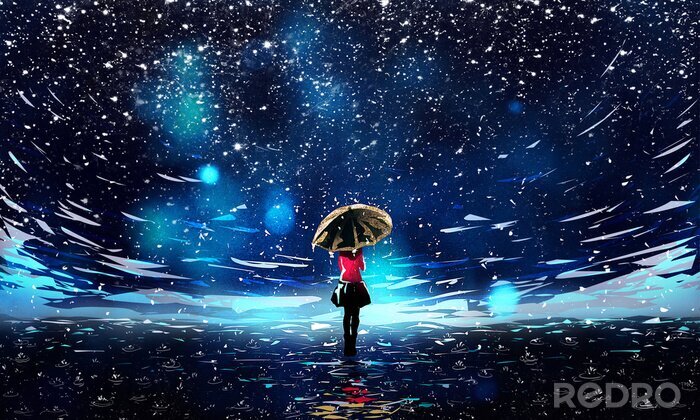 Canvas Beautiful Night Sky with Falling Rain and Umbrella Girl Illustration