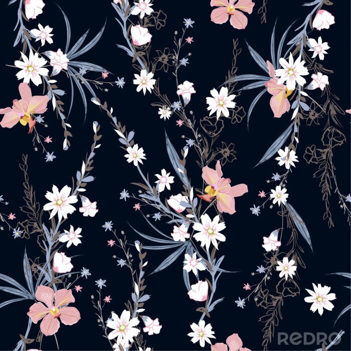 Canvas Beautiful  seamless pattern of garden many kind of botanical plants,flowers,orchid ,floral design for fashion,fabric,wallpaper,web and all prints