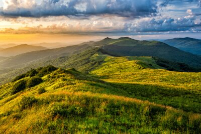 Canvas Beautiful summer mountain landscape. Green meadow and the blue sky. Polonina Wetlinska, Bieszczady, Carpathians, Poland.