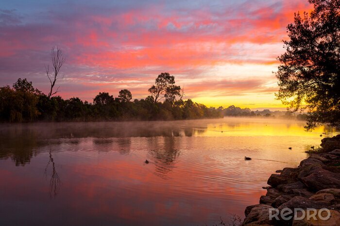 Canvas Beautiful sunrise over the billabong with a light ground fog