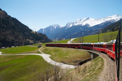 Canvas Beautiful view and Bernina express train from Switzerland to Tir