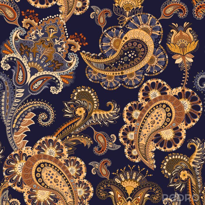 Canvas Beige blauwe oosterse bloemen en bladeren