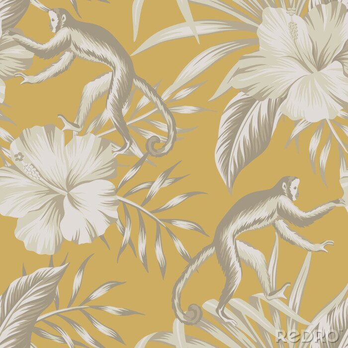 Canvas Beige bloemen en apen op een gele vintage achtergrond
