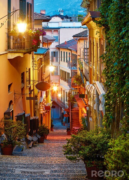Canvas Bellagio village at lake Como near Milan Italy, region Lombardy. Famous street with paving stones stairs and cosy restaurants during sunrise with glowing lanterns and green plants on old houses walls.